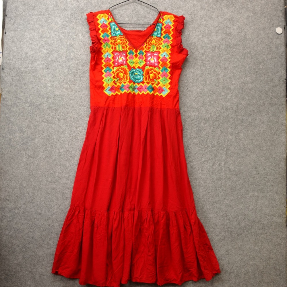 Mexican Folk Boho Dress Womens S Red Ruffle Peasant Floral Artisan Embroidered